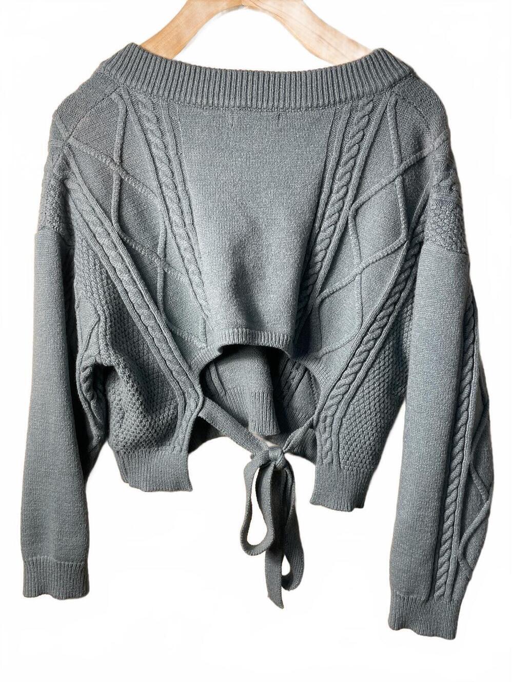 Lush Cable Knit V Neck Sweater Womens Size Small Blue Bow Tie Romantic Coquette - Picture 4 of 8
